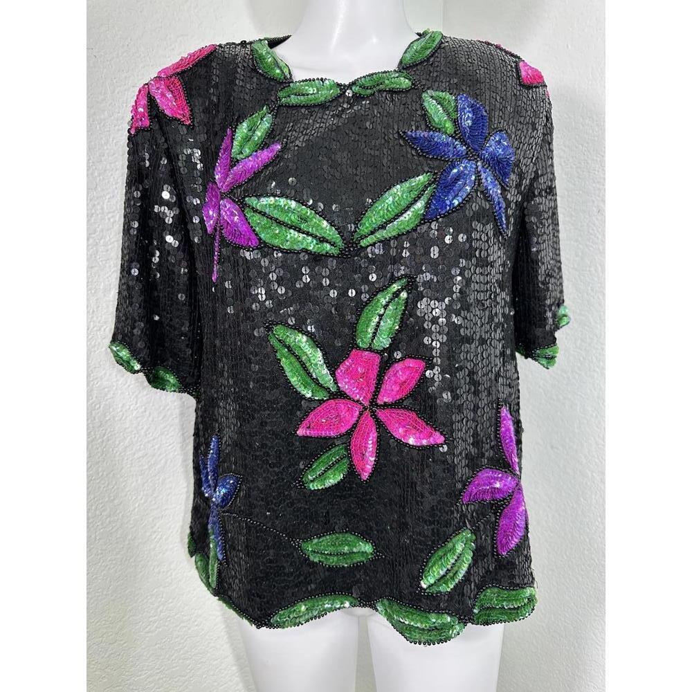 VTG 80s Stenay Silk Sequin Floral Top Sz L Party Glam Statement
